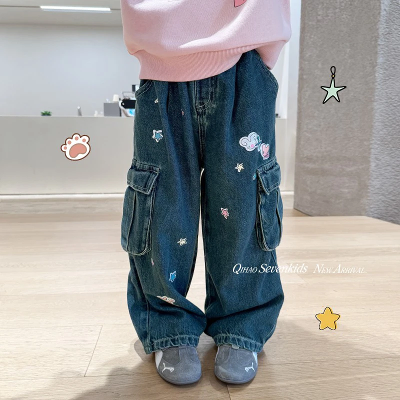 SKG2518女大童韩版卡通宽松牛仔裤秋装新款儿童高腰口袋阔腿裤潮