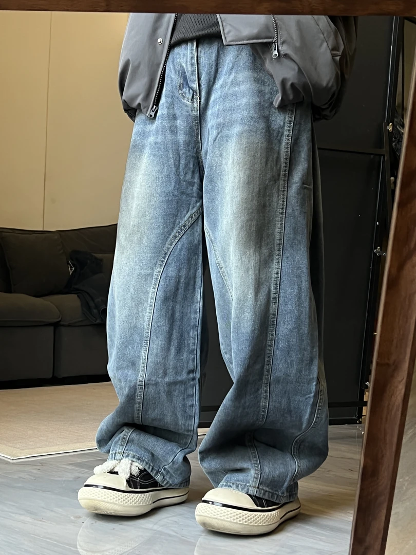 六六 复古蓝阔腿直筒水洗宽松百搭休闲牛仔裤男女款
