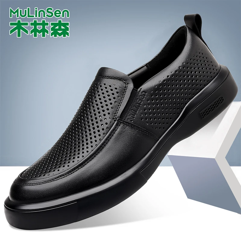木林森休闲皮鞋男秋冬透气镂空一脚蹬黑色豆豆鞋2025年新款开车鞋
