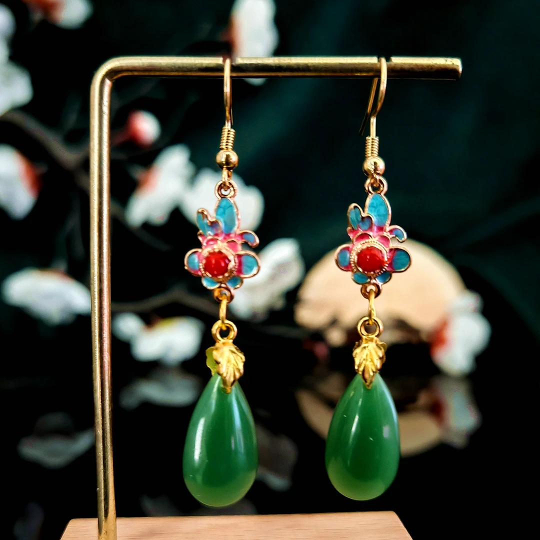 多吉米福翠红花复古新中式原创高级感耳环无耳洞耳夹