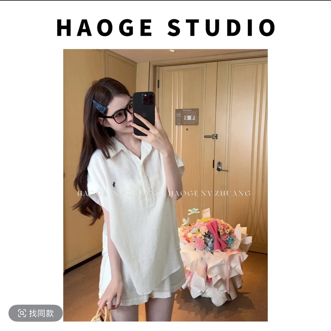 柠檬冰美式2025年夏季新款气质显瘦短袖衬衫上衣+休闲短裤两件套