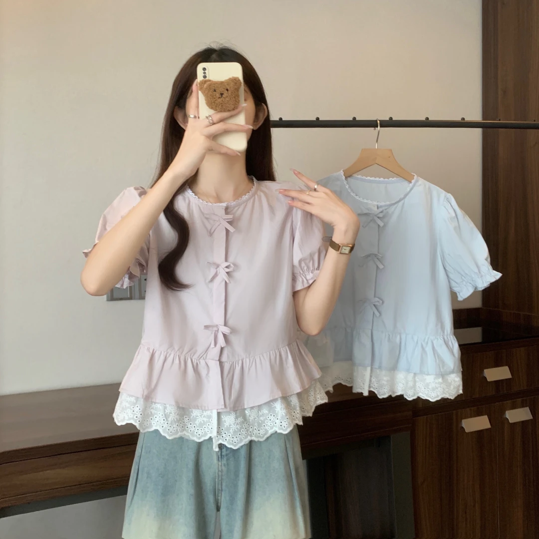 2025夏新款韩系蕾丝衬衫女圆领短款上衣蝴蝶结设计感百搭女装8211