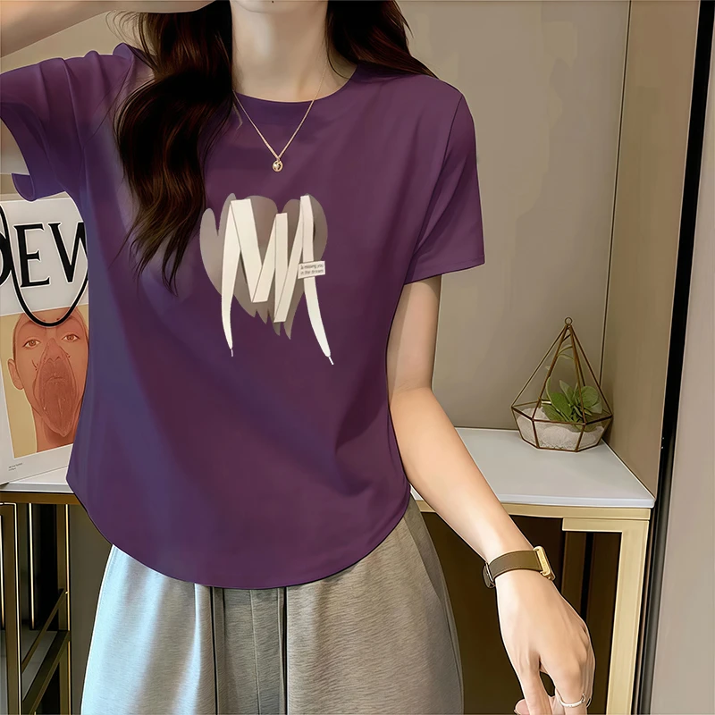 92%棉短袖T恤女夏季正肩修身显瘦百搭小众圆领设计感时尚洋气上衣