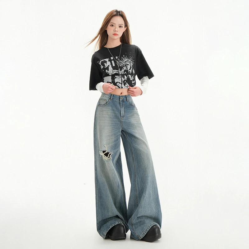 【悦己】美式高街时尚百搭破洞牛仔阔腿裤宽松遮肉显瘦拖地裤高腰