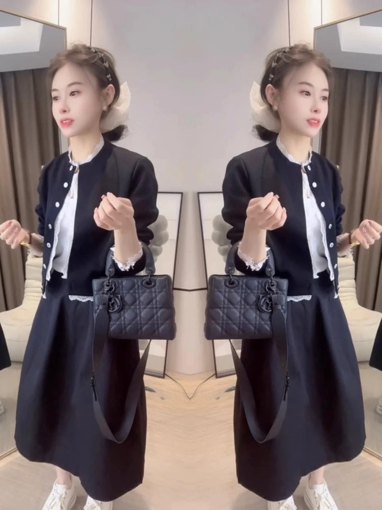 欧货洋气小香风时尚套装女2025春夏新款减龄拼接圆领外套+半身裙
