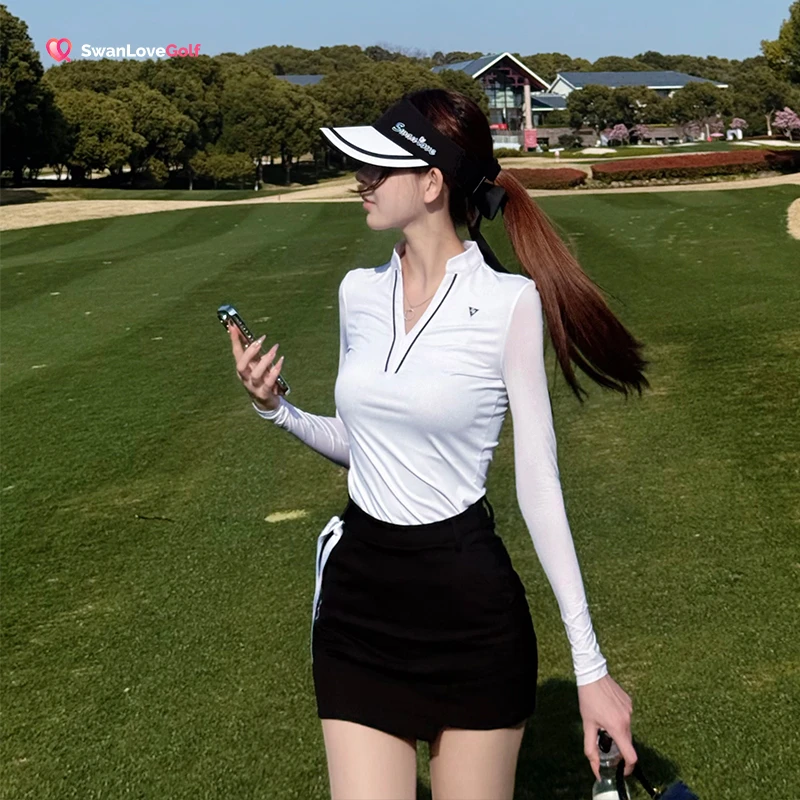 春夏高尔夫套装女纯白简约v领冰丝长袖T恤高级感球服高腰包臀裙女