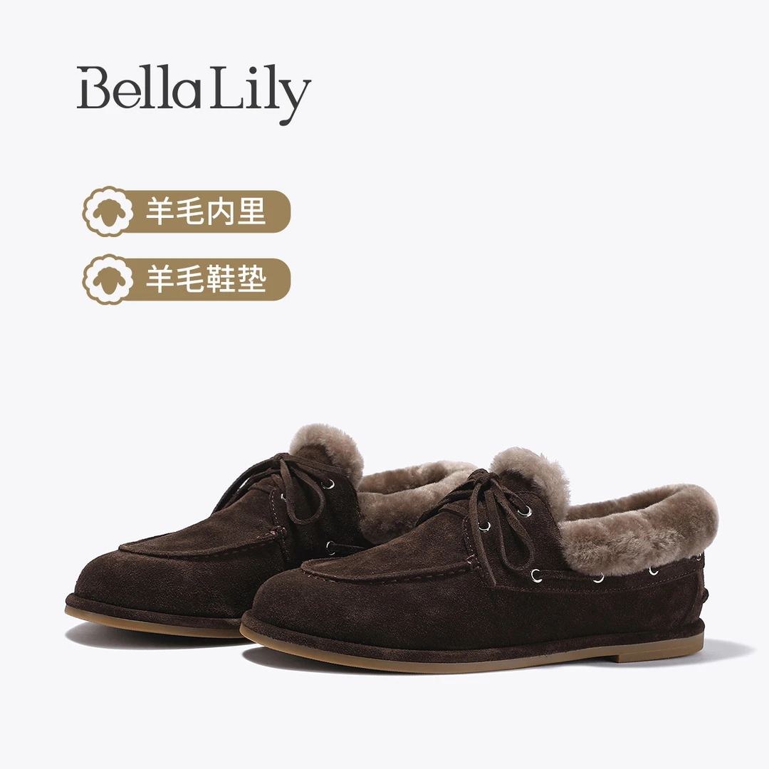 BellaLily2025秋冬新款复古羊毛加绒袋鼠单鞋女牛皮乐福鞋小皮鞋