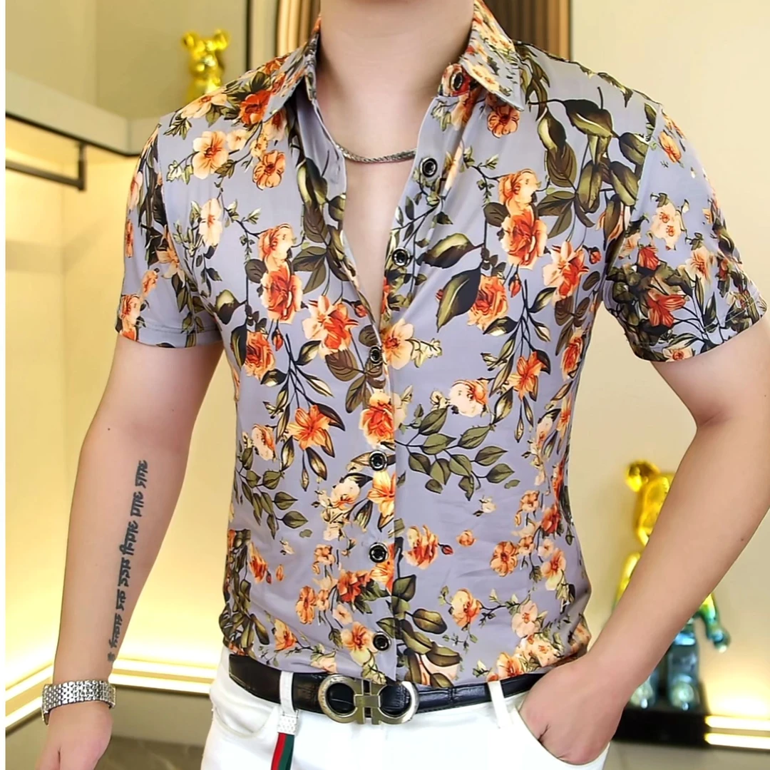 【阿东男装】875夏日风情高品质时尚薄款花短袖衬衫