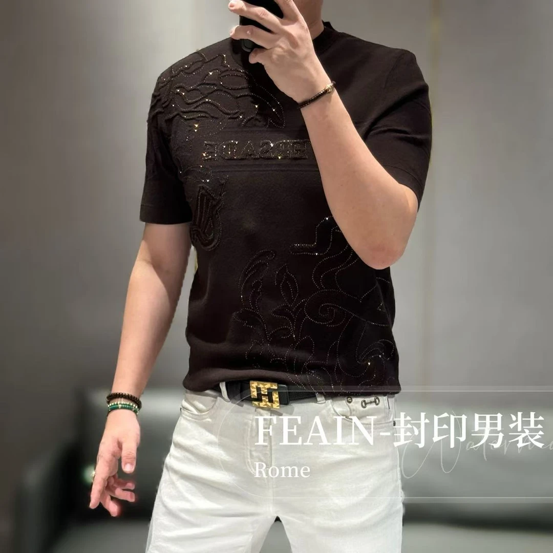 【FEAIN品牌】高端男士立体浮雕提花美人头奥钻点缀针织短袖Q010