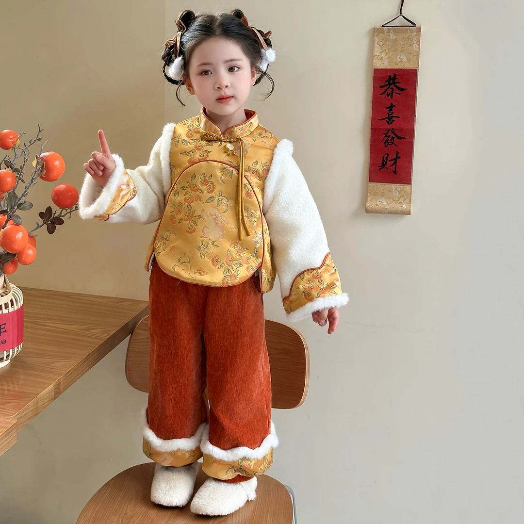 女宝宝国风柿柿如意兔子年服套装2025新款儿童冬季女童加厚两件套