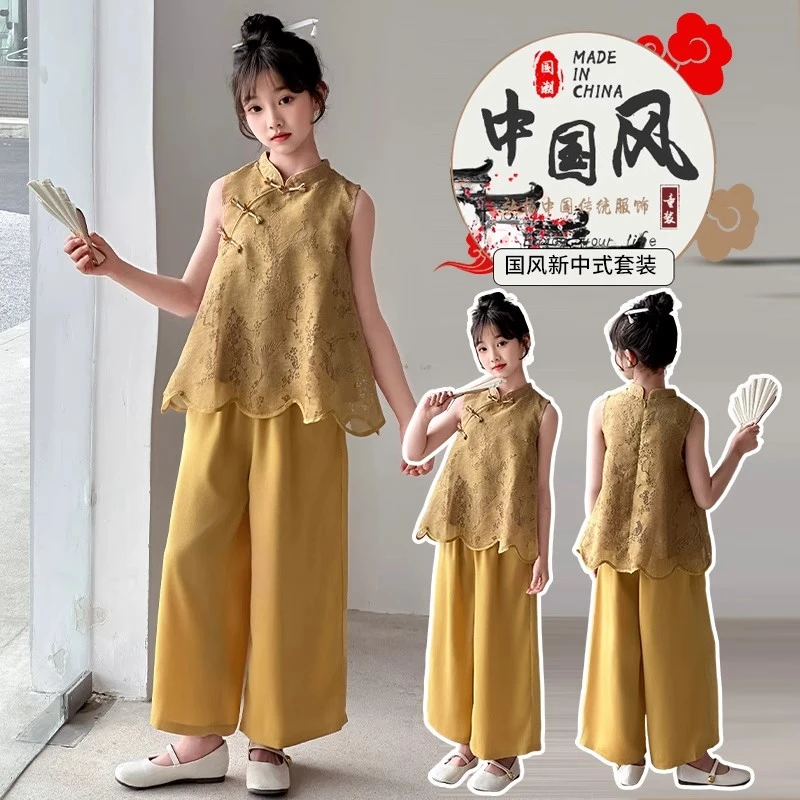 2025夏装新款大童洋气时髦新中式儿童女宝宝洋气时髦裤子绝美套装