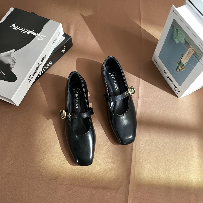 牛皮2.5公分/英伦风浅口一字带玛丽珍方头单鞋百搭新款透气平底鞋