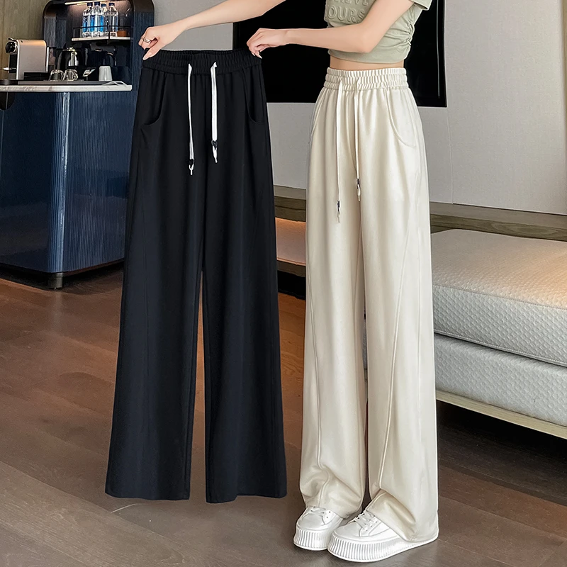 窄版阔腿裤女2025新款爆款夏季冰丝小个子高腰松紧大码运动休闲裤