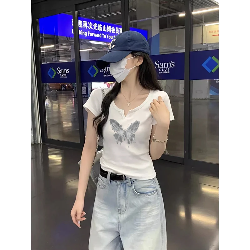 设计感小V领修身短袖T恤女装2025年夏季正肩显瘦短款小衫上衣ins