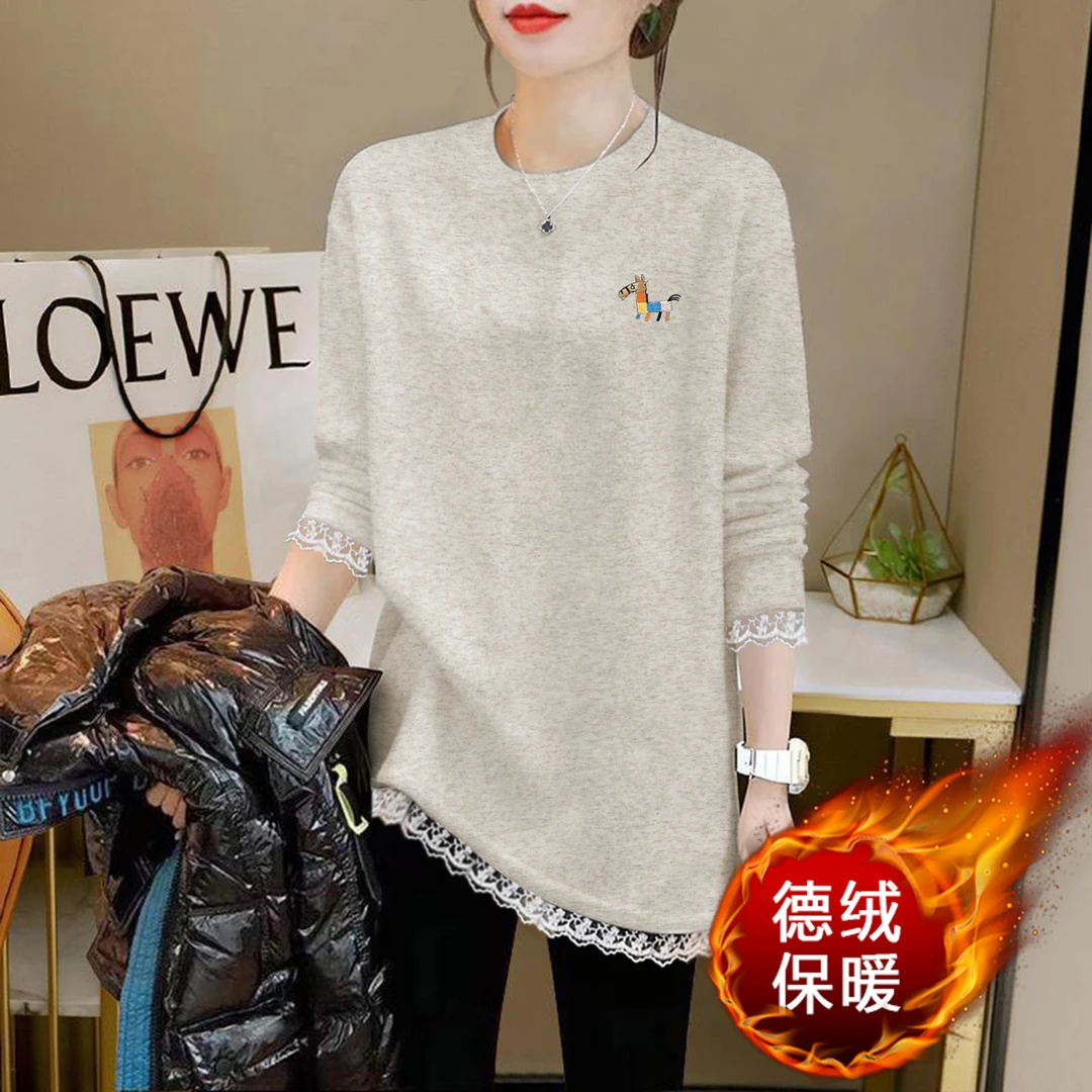 灰色德绒打底衫女秋冬新款内搭蕾丝拼接宽松中长款长袖t恤女潮