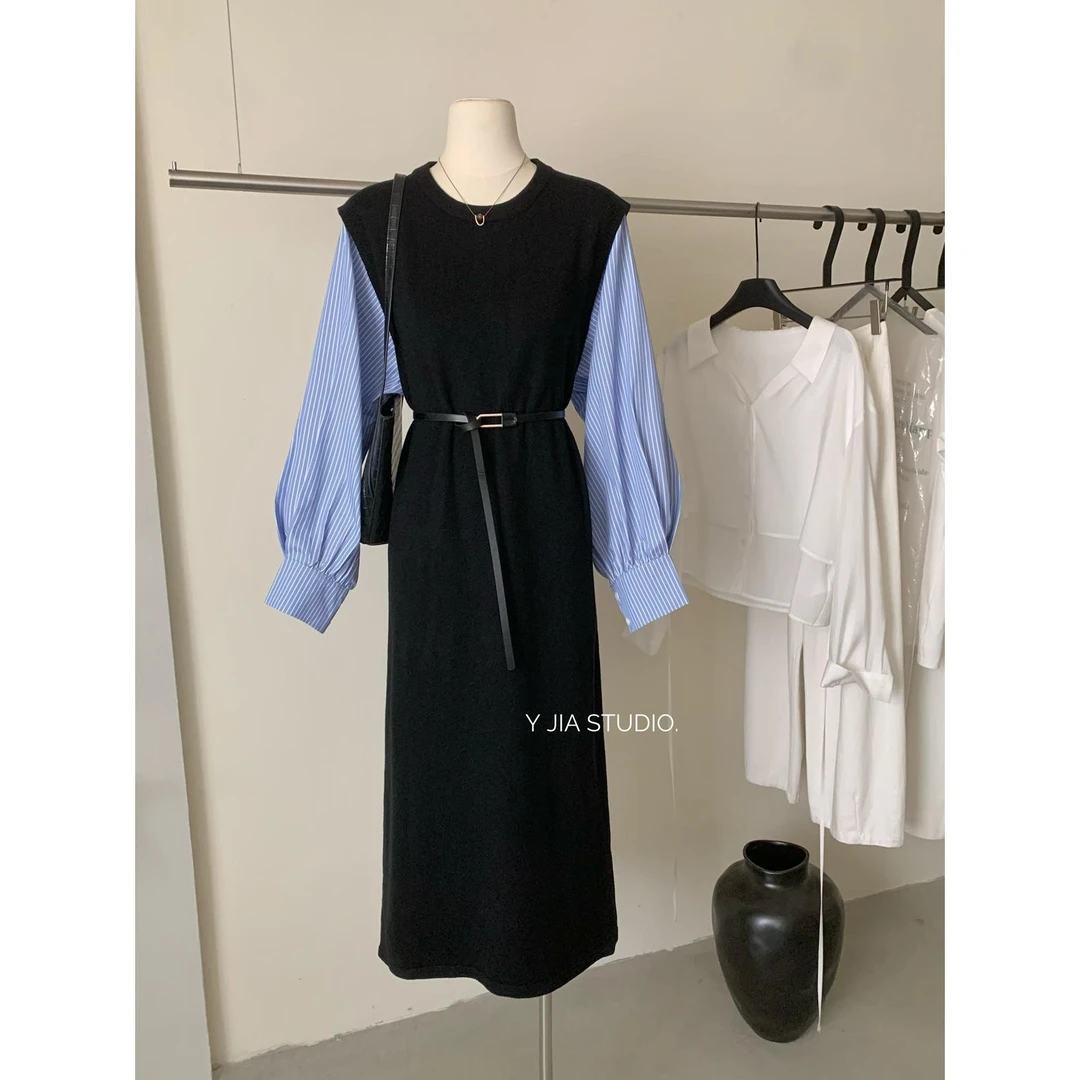 设计师松弛感宽松显瘦假两件衬衫针织连衣裙女（配腰带）早秋新款