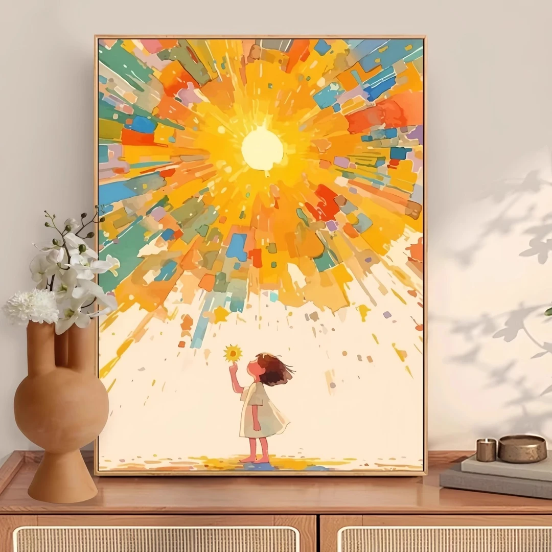 温馨太阳女孩治愈系卡通装饰画儿童客厅卧室挂画房间星空桌面摆画