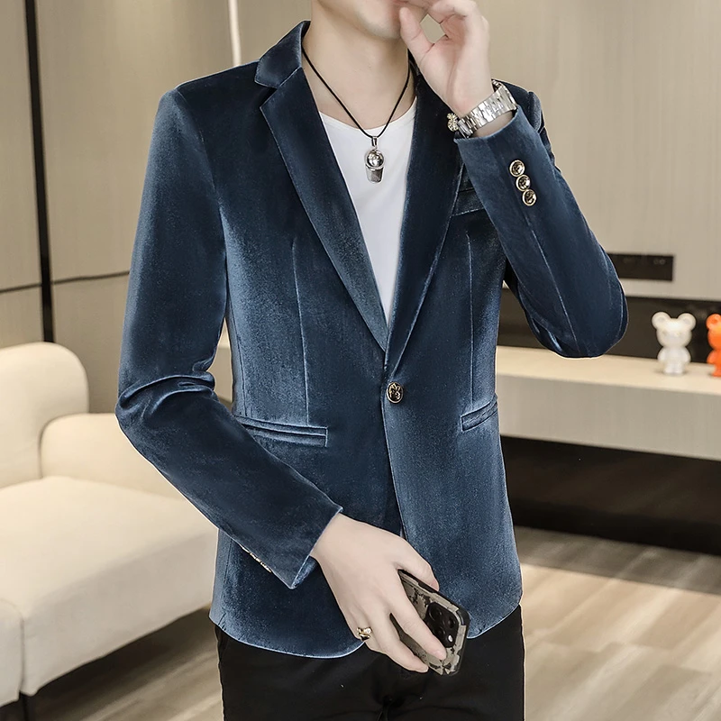 稻草人男士金丝绒西服上衣痞帅男装商务潮流帅气休闲时尚时尚男装