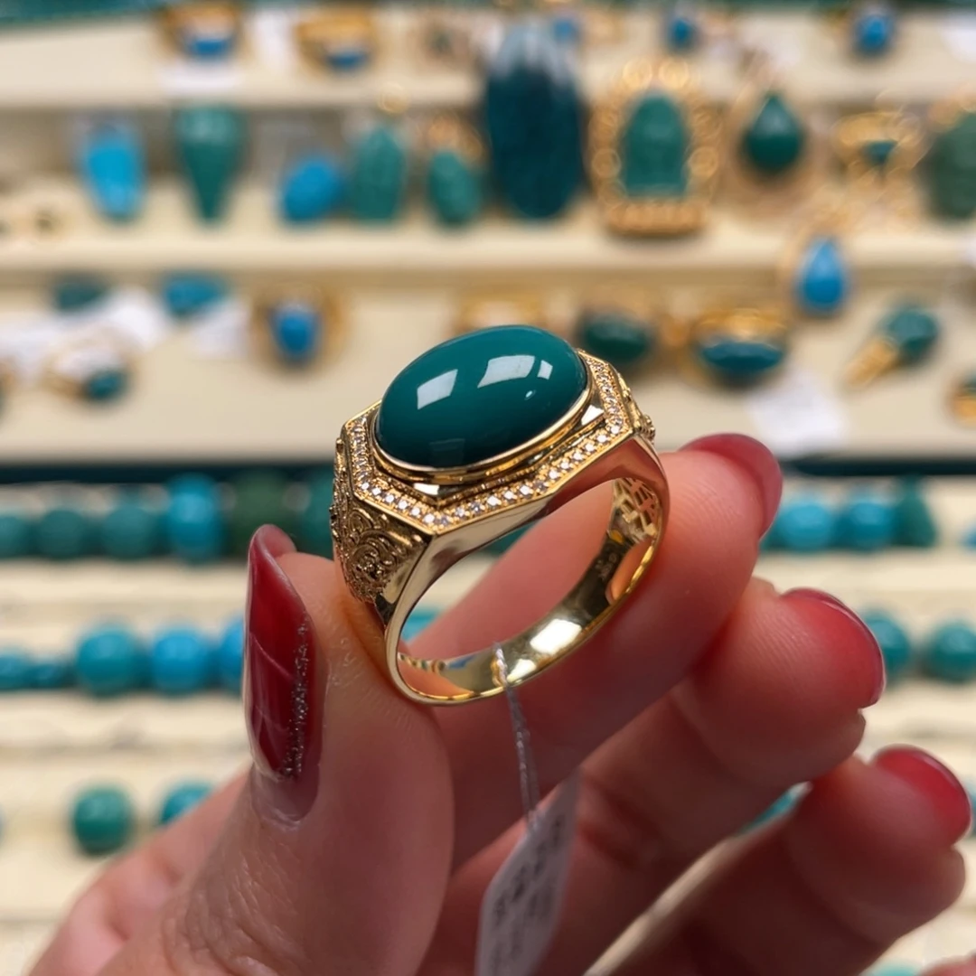 18K金镶嵌绿松石珠宝奇石戒指