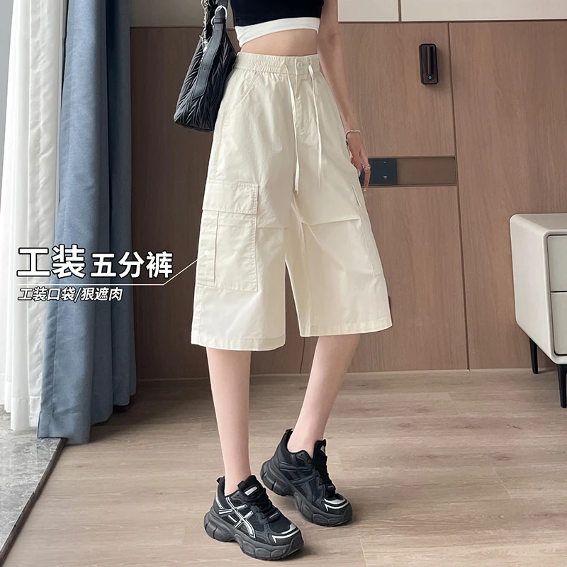 美式工装短裤女2025新款夏薄款宽松休闲马裤运动五分中裤阔腿裤子