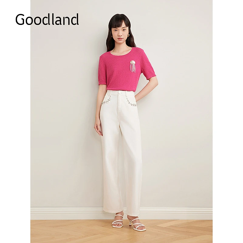 Goodland美地女装2025夏新款肌理花纱显瘦短袖针织上衣（配胸针）
