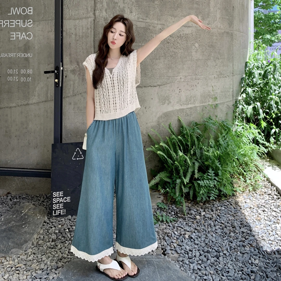 夏装搭配一整套女2025年夏季新款镂空上衣+裹胸+牛仔阔腿裤三件套