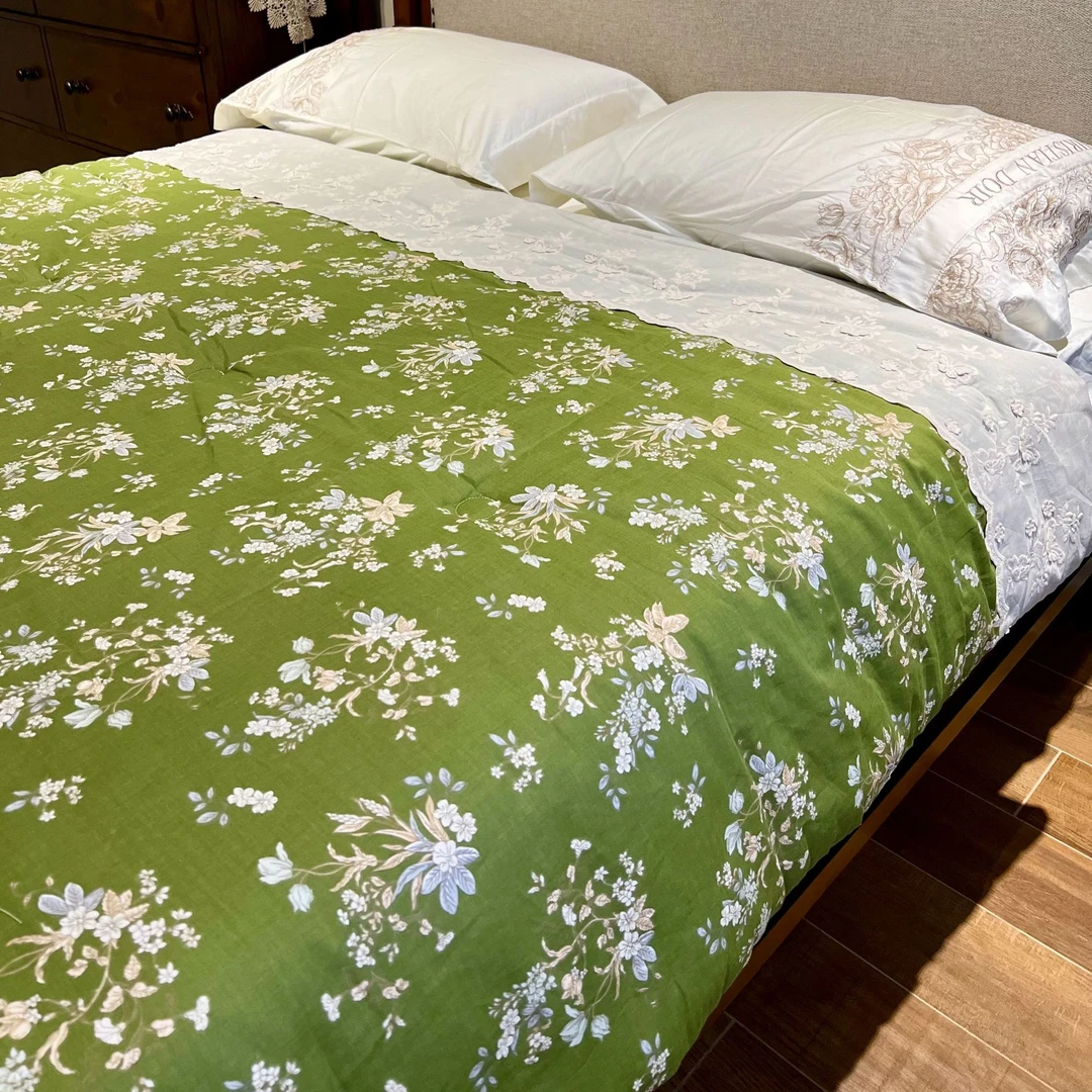 春秋被全棉双层纱花边款被子单人被可机洗水洗被芯裸睡被双人被绿