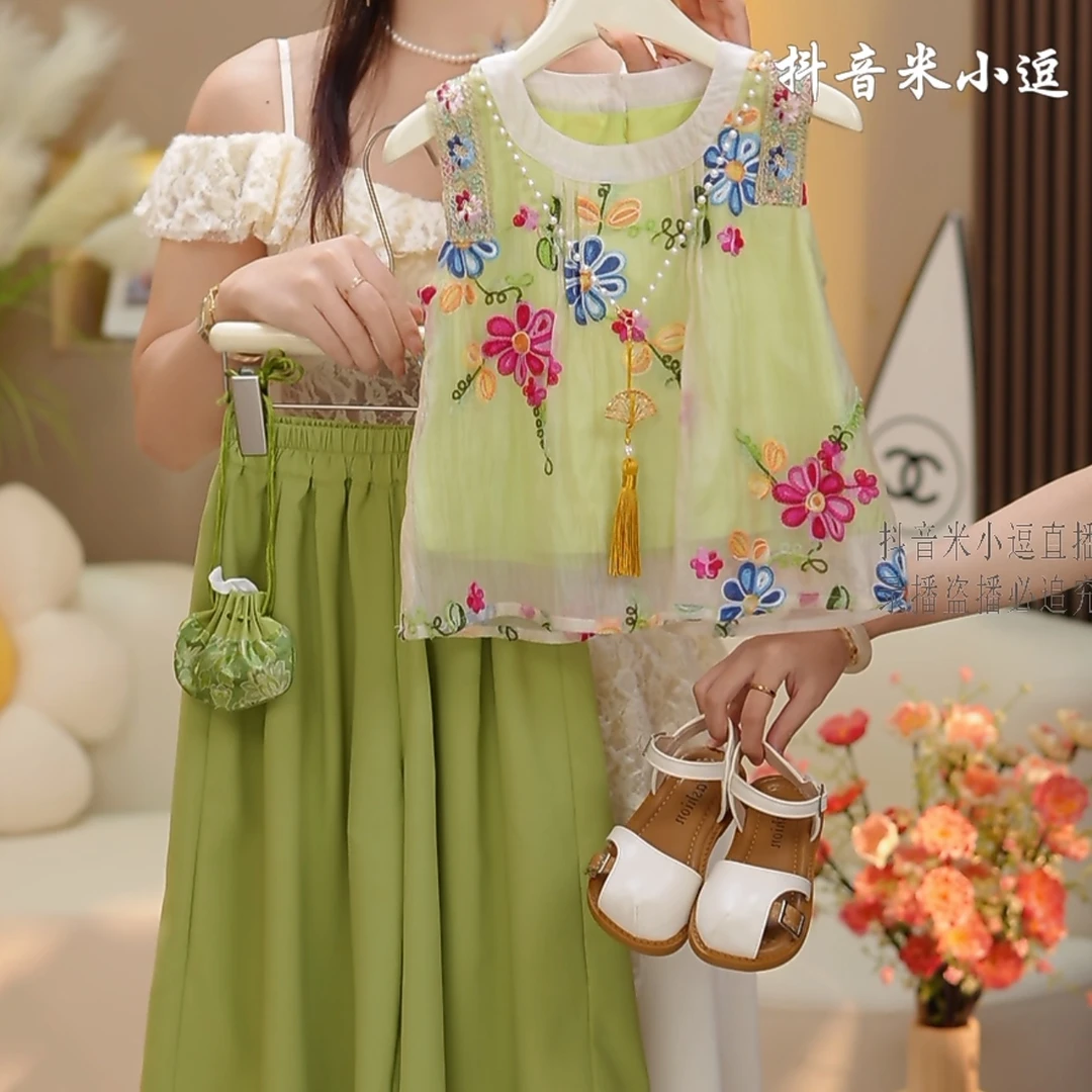 【米小逗】2025女童薄款新中式夏季夏款时髦短袖长裤套装重工k082