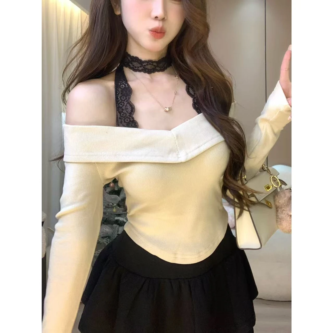 Ke可可少女 一字肩磨毛假两件拼接蕾丝露肩长袖秋季纯欲修身上衣