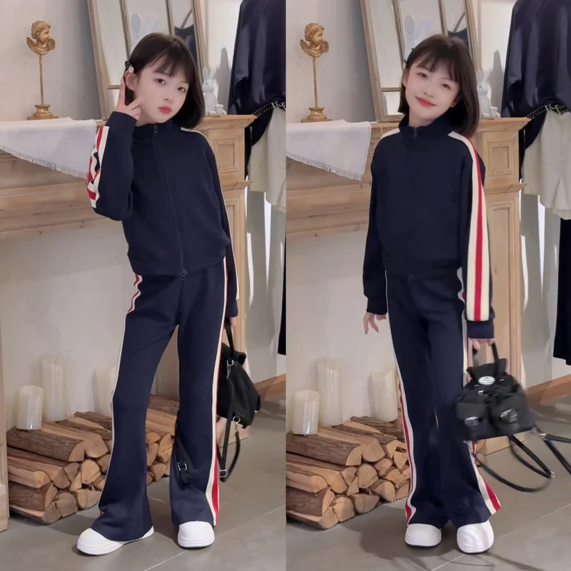 女童秋季新款洋气时髦潮范辣妹夹克外套拼接拉条喇叭裤显瘦两件套