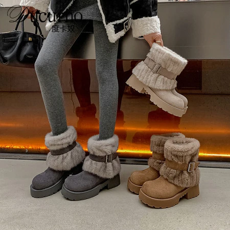 DUCURNO巨好穿厚底皮带扣毛毛靴女设计感时髦雪地靴厚绒保暖短靴