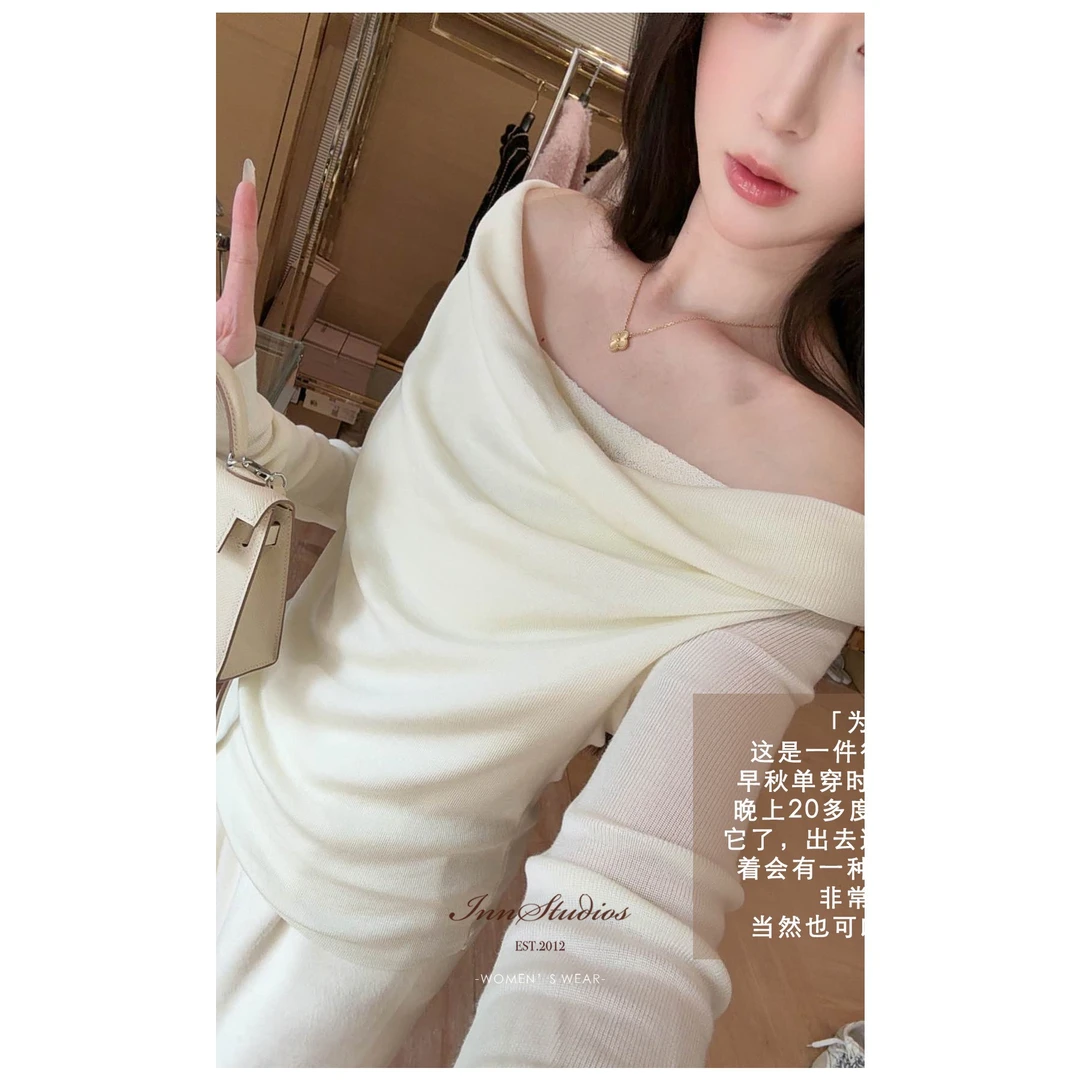 Innstudios 堆堆领一字肩拼接蕾丝针织上衣