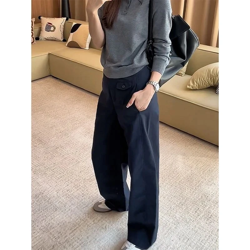 藏青色弯刀工装裤女2025春季新款宽松梨形身材流行高腰拖地直筒裤