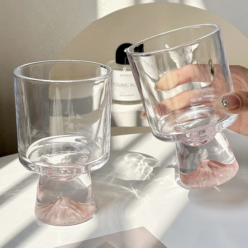 粉色山脉玻璃杯子水杯高级感小众高脚香槟饮品杯咖啡杯杯子玻璃