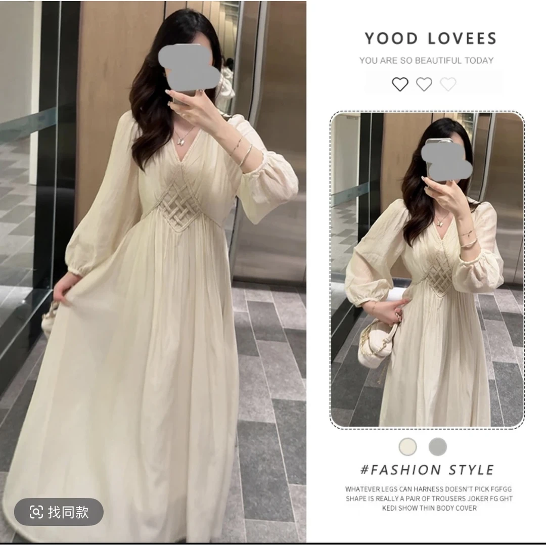 （运补6）法式扭结温柔气质连衣裙夏季新款收腰A字显瘦垂感长裙8586