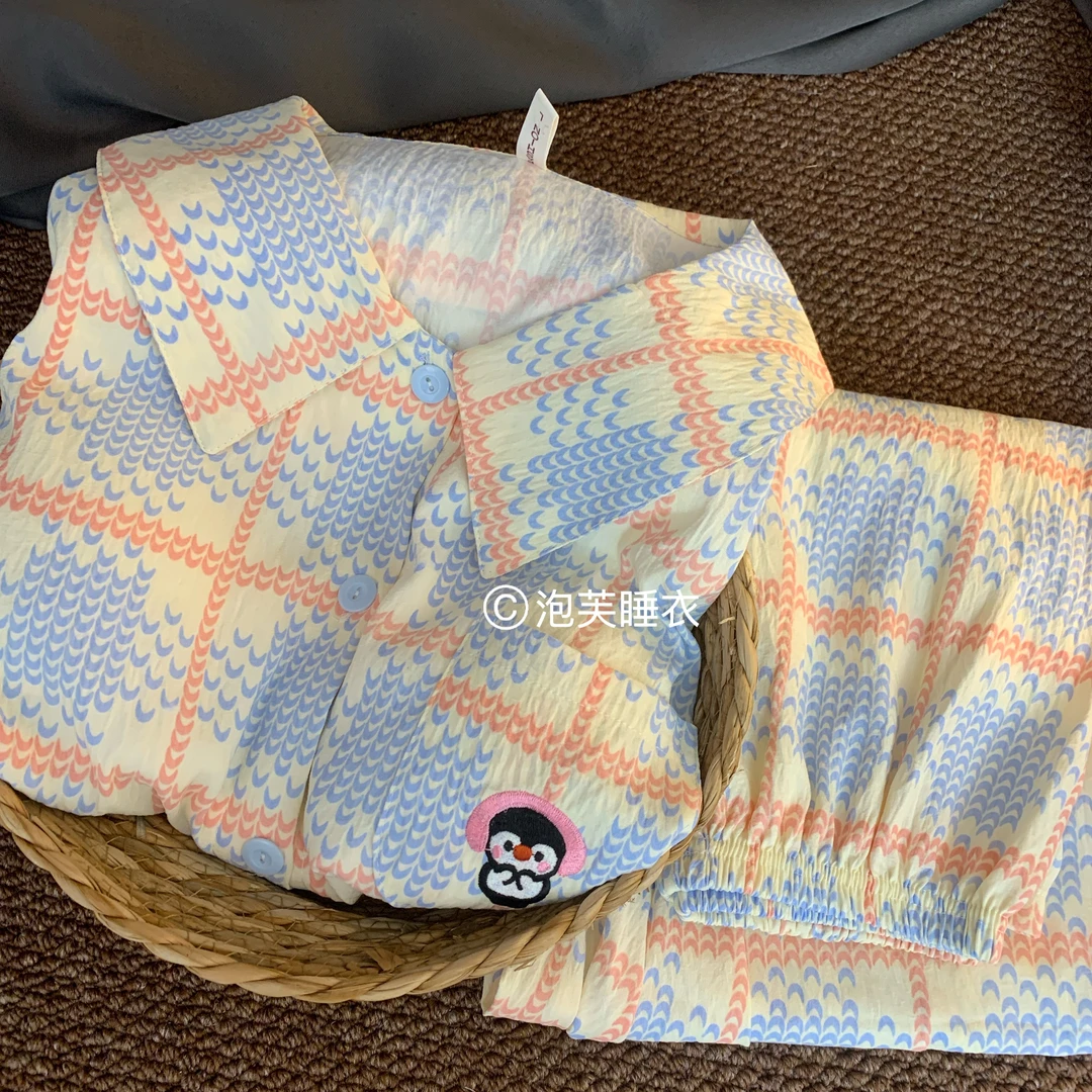 (企鹅)春季新款可爱刺绣睡衣女长袖韩系ins带胸垫家居服套装