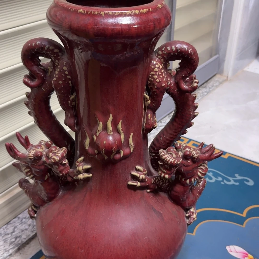 小***草石湾窑陶瓷摆件双龙瓶有修复