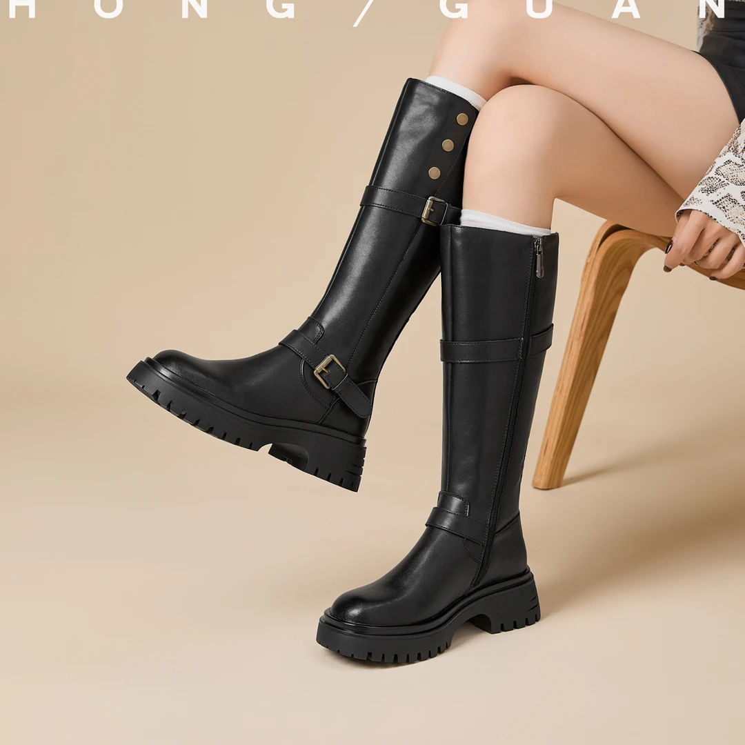 5cm | 红冠新款时尚简约扣带机车靴长筒不过膝长靴骑士靴2361-20