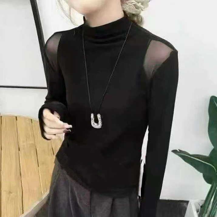 大码女装内搭气质打底衫T恤长袖胖mm黑色显瘦网红洋气针织上衣