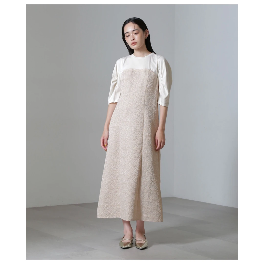 【胖虎家】夏季新款 N 设计感拼接圆领休闲风显瘦纯色提花连衣裙