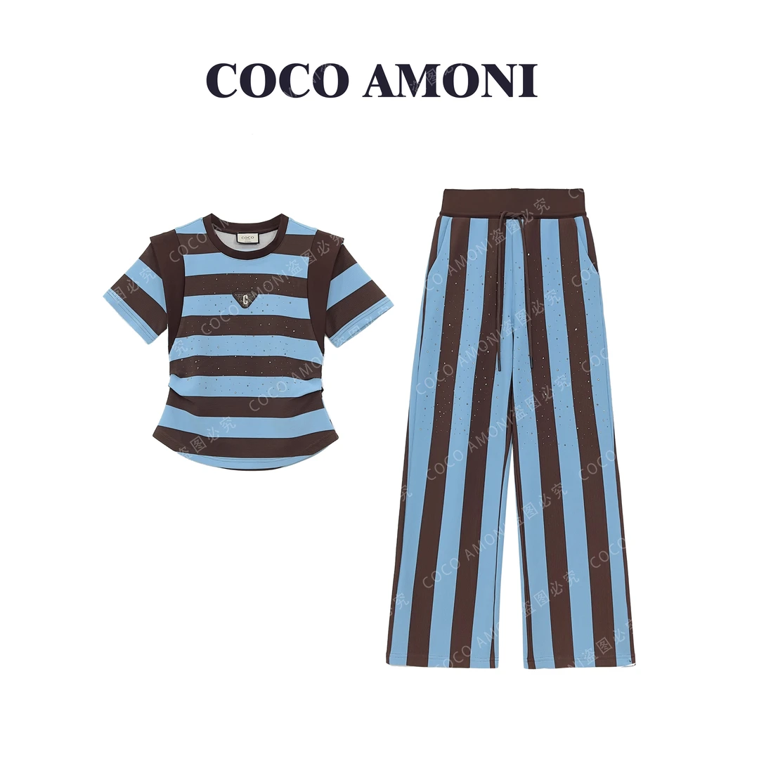 时尚条纹烫钻显瘦套装圆领收腰上衣松紧腰长裤AB550