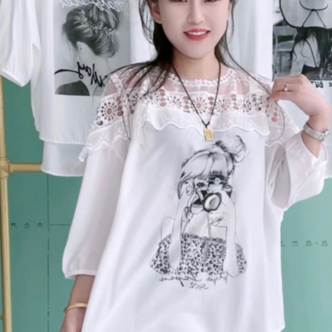 韩版蕾丝领高品质宽松遮肉印花短袖大衫（相机美女）