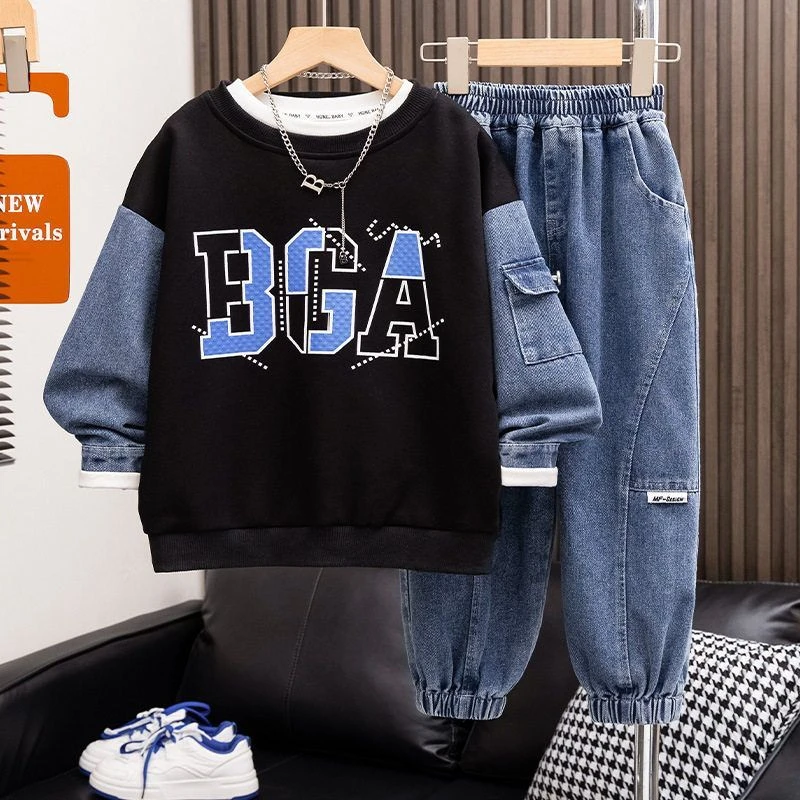 男童牛仔套装2025新款中大童装拼接牛仔卫衣青少年帅气春装两件套