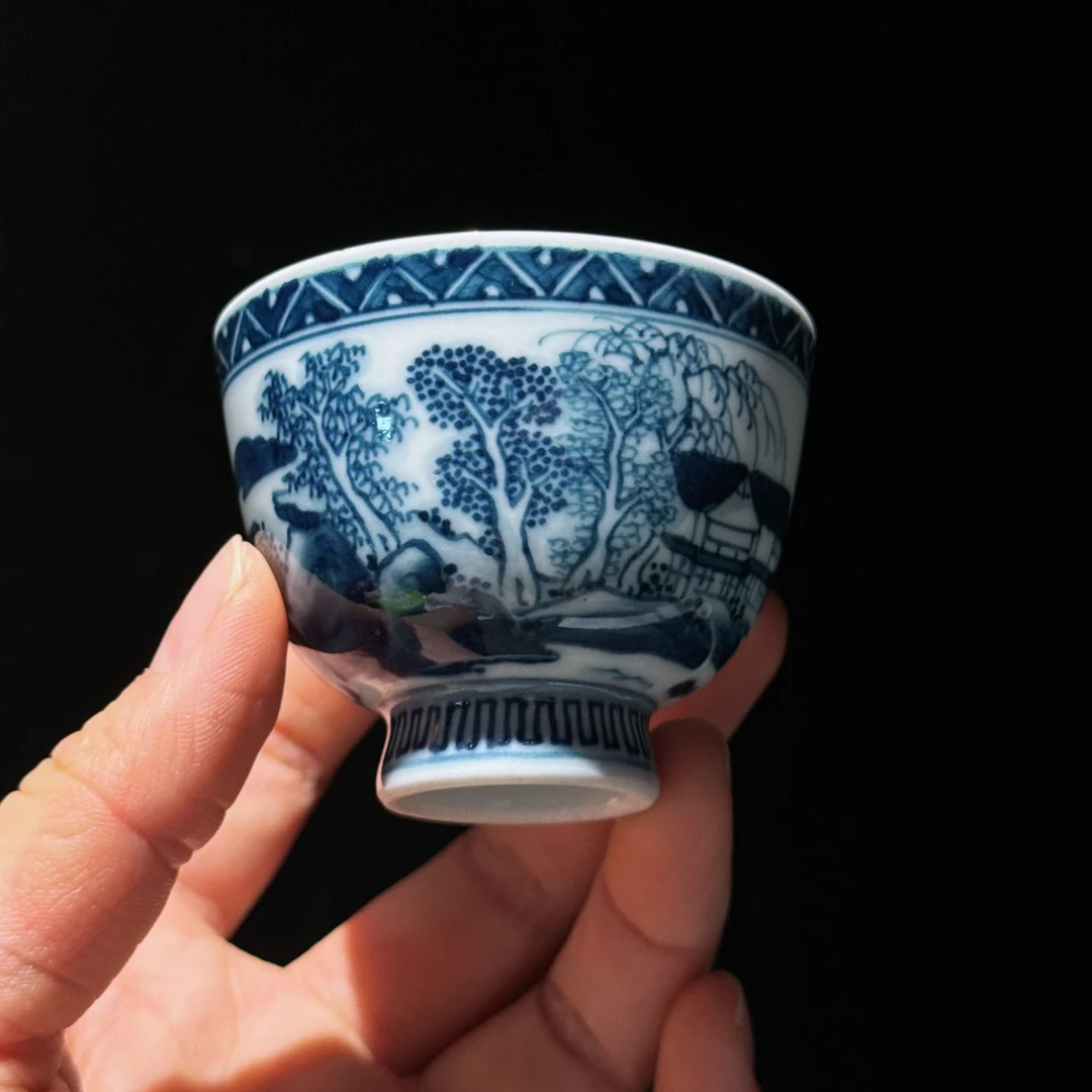 日本舶来，二代三浦竹泉纯手绘青花杯，杯身绘制山水纹口6高4.1