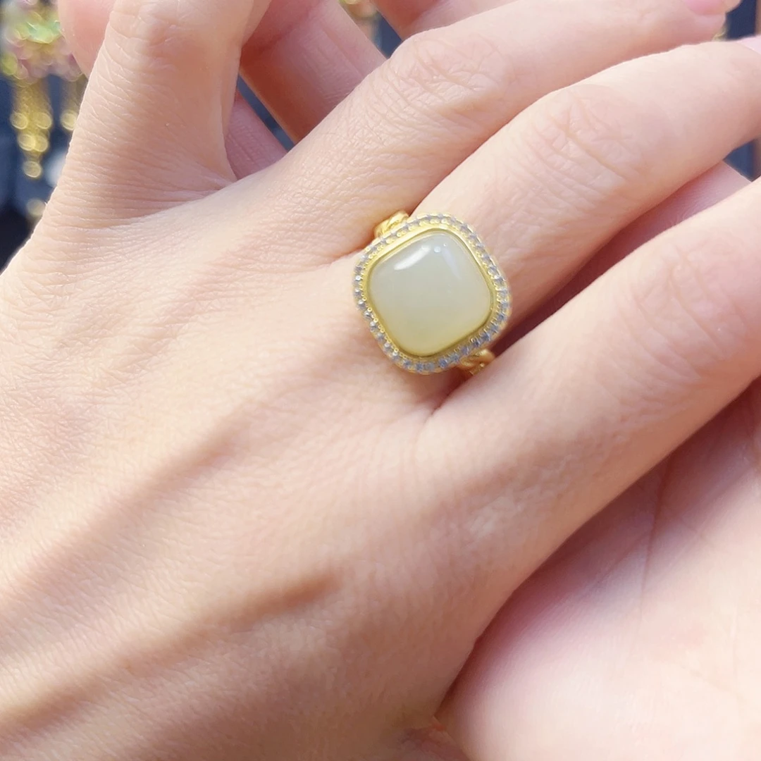 和田玉银S925镀金镶嵌戒指