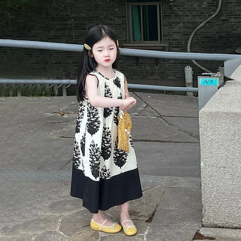 女童水墨画连衣裙2025夏季新款韩版复古印花儿童露背蝴蝶结背心裙