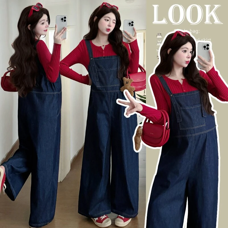 孕妇牛仔背带裤早秋季外穿高端时髦复古阔腿裤打底长袖高质量套装