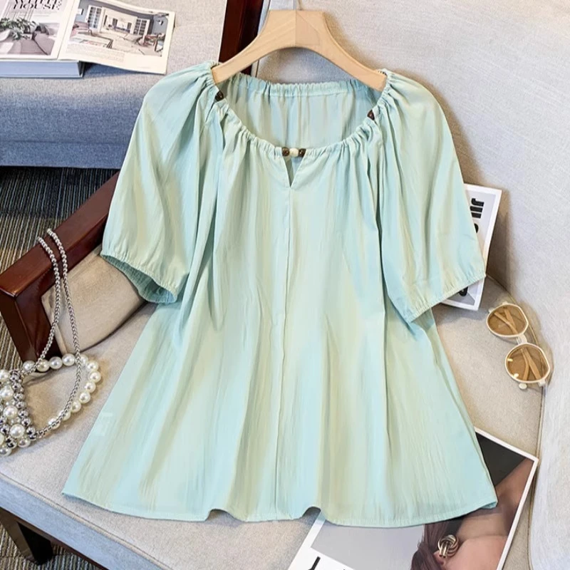 大码女装2025新款减龄洋气短袖衬衫女夏季胖mm遮肚子显瘦别致上衣