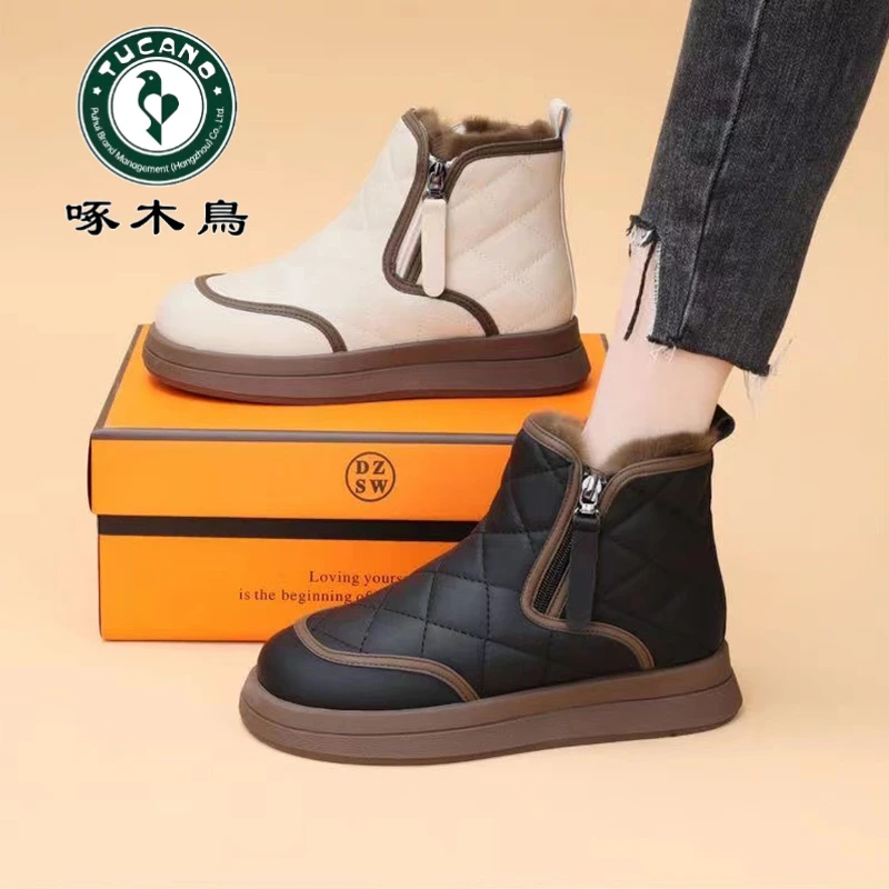 啄木鸟雪地靴女款2024新款冬季保暖抗寒菱格女士棉鞋加绒加厚防滑