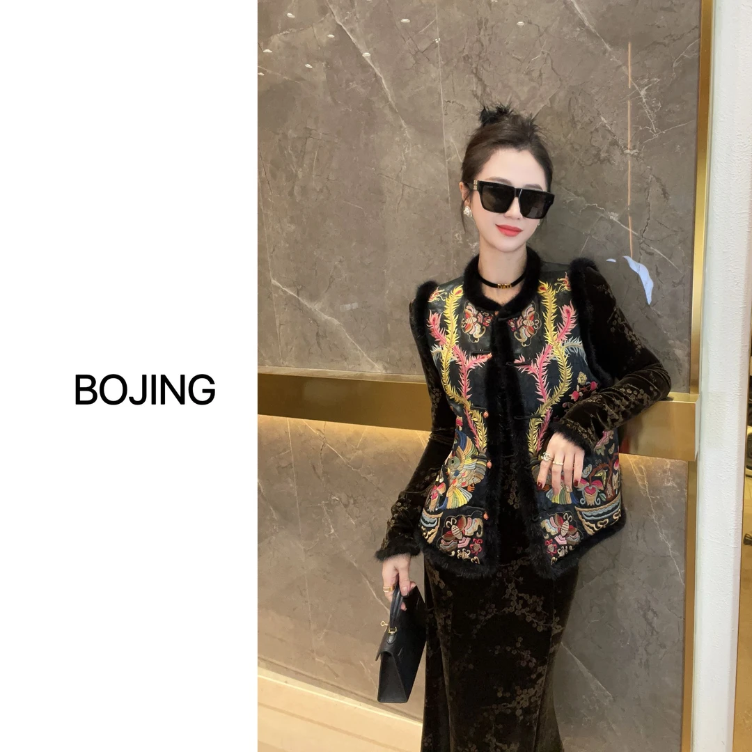 新款【凤凰于飞】秋冬新中式时尚气质龟裂纹醋酸夹棉加厚马甲